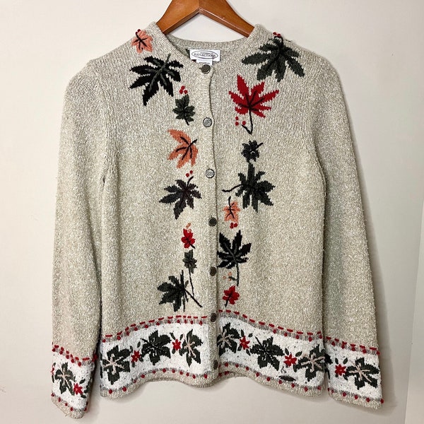 90s Button-up Knit Cottagecore Cardigan | Autumn Leaves Pattern by Northern Reflections | Size S