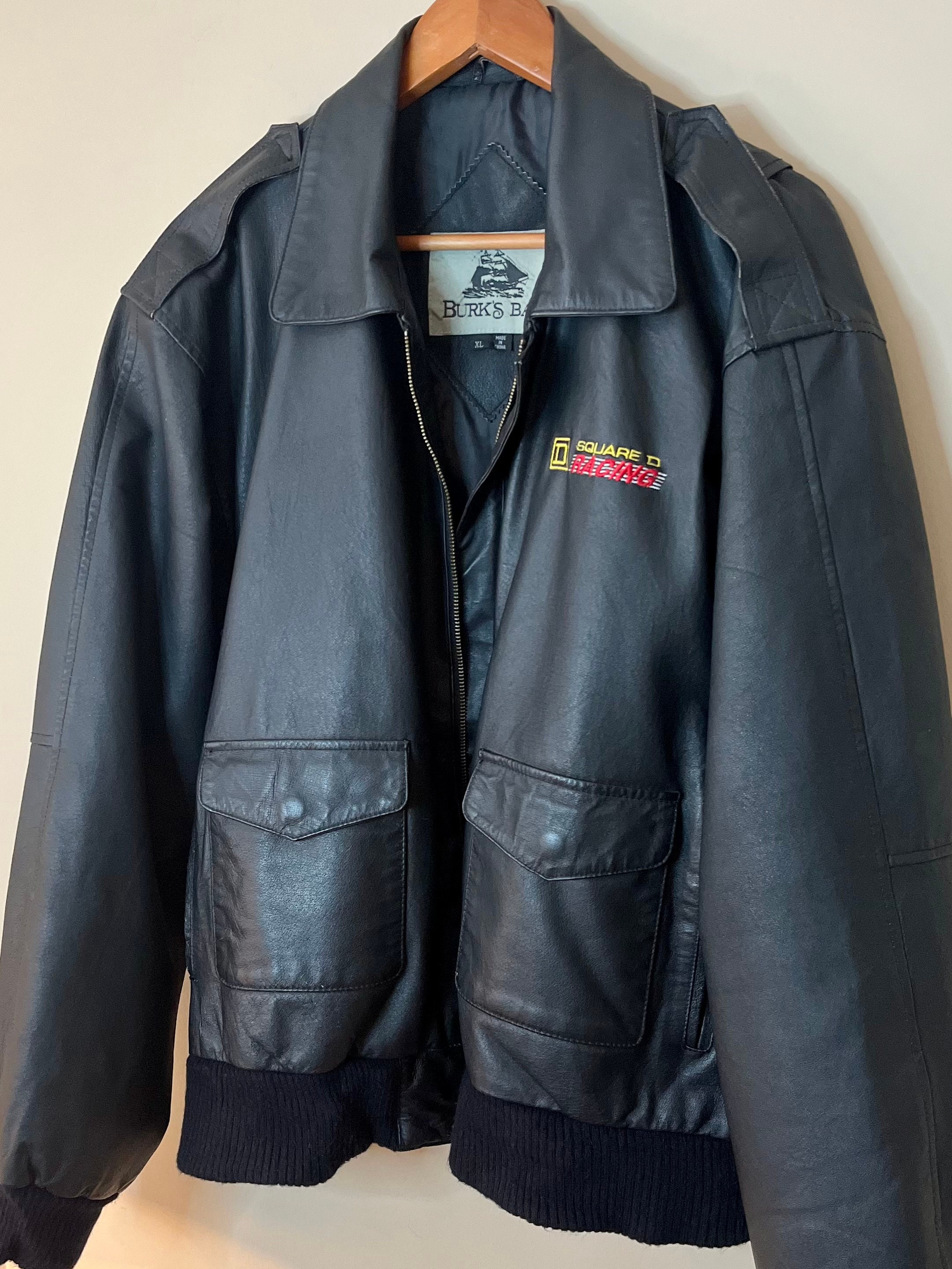 90s Black Genuine Leather Bomber Jacket by Burks Bay Square D Racing Embroidered Logo Size L - Etsy 90s Black Genuine Leather Bomber Jacket by Burks Bay Square D Racing Embroidered Logo Size L - Etsy