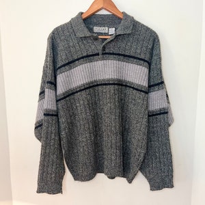 90s Grey-Green Quarter Button Collar Chunky Knit Pullover Sweater by TipTop Classics | Made in Canada | Size S-M