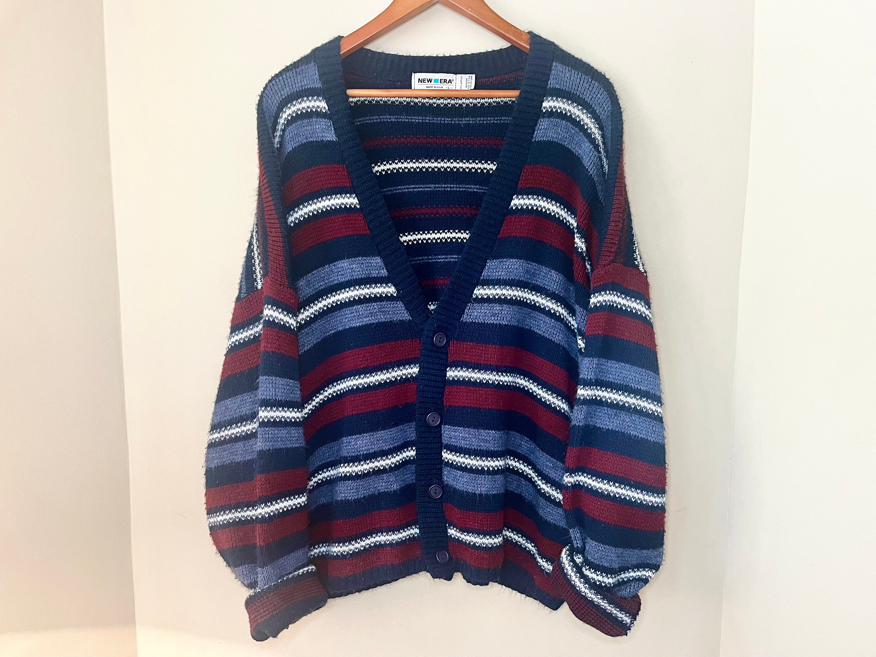 90s Blue & Red Striped Fuzzy Cardigan by New Era | Made in USA