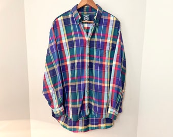 90s Bright Multicolor Plaid Oxford Shirt by Rennie Country | Size L