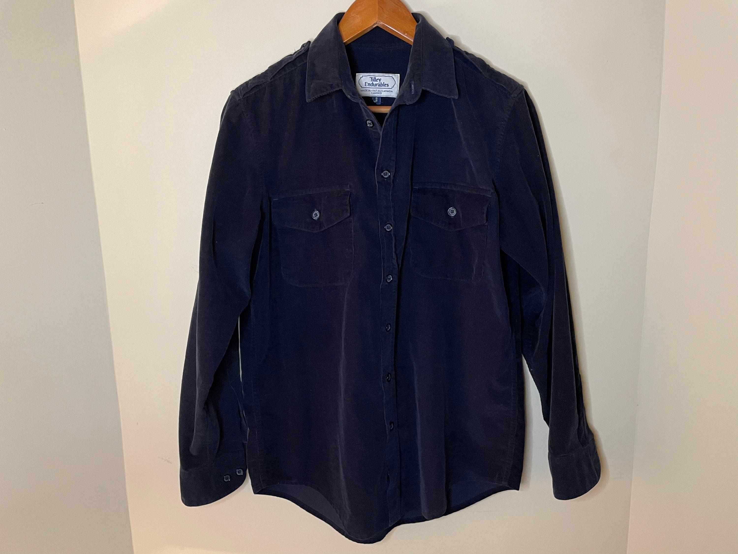 Navy Blue Corduroy Button Down by Tilley Endurables Made in Canada Size S 