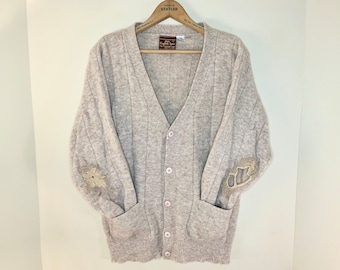 Vintage Oatmeal Pure Shetland Wool Cardigan by Olde English Lane | Unique Mended Elbows | Size L