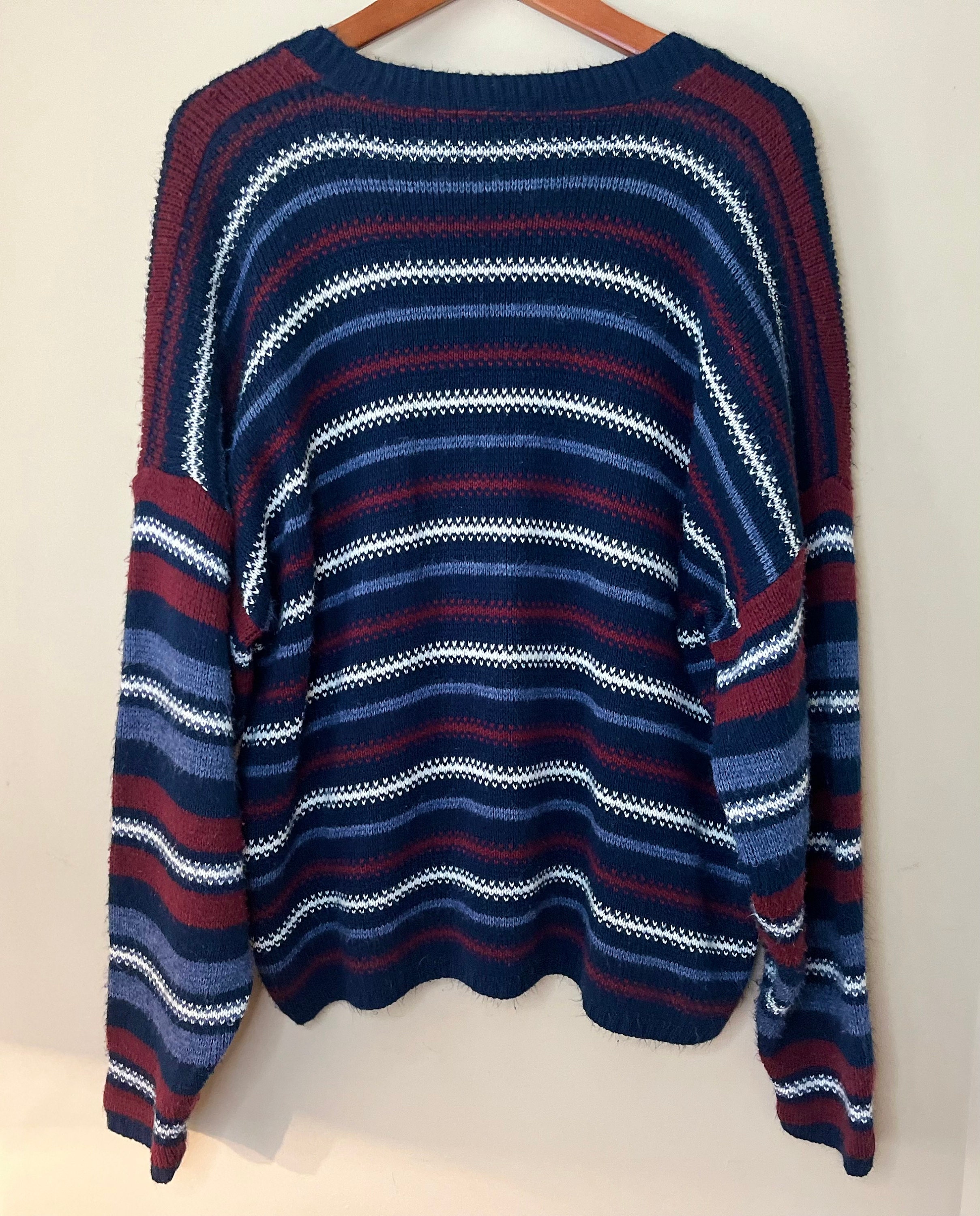90s Blue & Red Striped Fuzzy Cardigan by New Era | Made in USA 