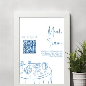 Może przedstawiać: Biała oprawiona grafika z niebieską linią. Wyświetlany jest tekst "Meal Train", a także kod QR i słowa "scan to sign up". Obraz zawiera również ilustrację ustawienia stołu.