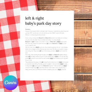 May include: A white paper with the text "left & right baby's park day story" on a red and white checkered tablecloth. The text describes a baby's day at the park. The Canva logo is in the bottom left corner.