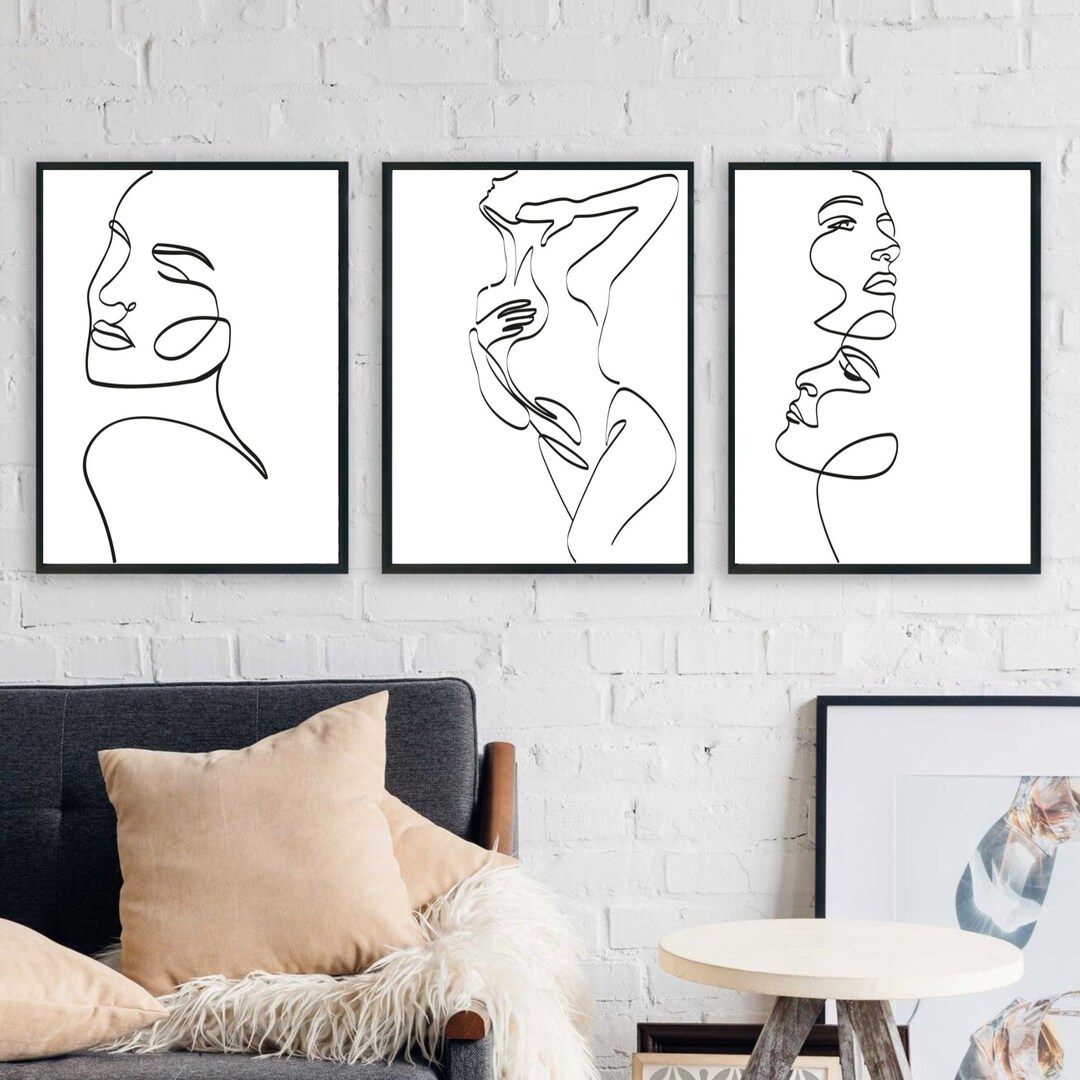 Set of 3 Prints Line Art Printable Wall Art Female Body Black and White ...