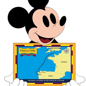 Puede incluir: Mickey Mouse sosteniendo un mapa de un itinerario de crucero para la familia Forrester en el Disney Dream. El mapa muestra la ruta del barco desde Southampton, Reino Unido, hasta La Coruña y Vigo, España.
