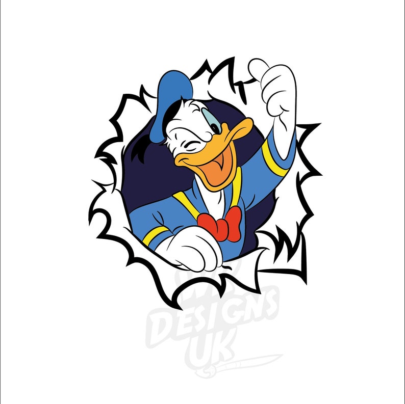 May include: A cartoon illustration of Donald Duck, wearing his signature sailor outfit, peeking out of a ripped piece of paper. He is smiling and giving a thumbs up.