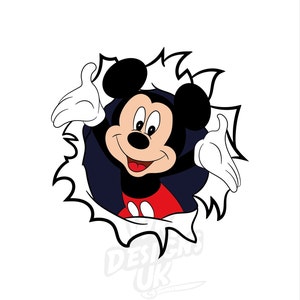 May include: Mickey Mouse cartoon character peeking out of a torn white background. He is wearing red shorts and black shoes. He has a big smile and is waving with both hands.