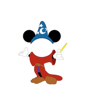 May include: A cartoon illustration of Mickey Mouse dressed as a sorcerer. He is wearing a blue hat with stars and a crescent moon, a red robe, and brown shoes. He is holding a yellow wand in his right hand.