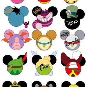 May include: A set of 15 Disney-themed Mickey Mouse ears with various characters and names, including Winnie the Pooh, Tinkerbell, and Belle. The ears are all different colors and have different designs.