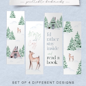 Winter Bookmark Printable; Cozy Bookmark with Sayings; Deer Bookmark Set; Nordic Cabin Christmas; Watercolor Bookmarks Digital Download