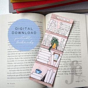 Könnte beinhalten: Aquarell-Lesezeichen mit Bücherregal-Design, mit Büchern, einer kleinen Pflanze und einer blauen Tasse. Das Lesezeichen enthält den Text "Januar 2023" und Buchtitel. Die Worte "DIGITALER DOWNLOAD druckbare Lesezeichen" sind ebenfalls sichtbar.