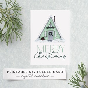 Tarjeta de felicitación imprimible con diseño de cabaña navideña, cabaña nórdica en la nieve, tarjeta digital con acuarela, tarjeta navideña de descarga instantánea, doblada de 5 x 7