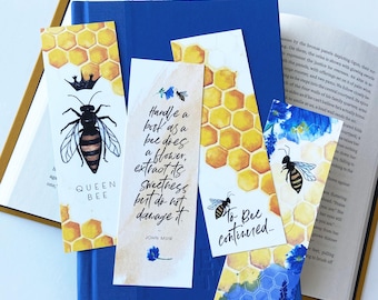 Honey Bee Bookmarks Set of Four, Honeycomb Book Mark, Watercolor Bookmarks Bumble Bee, Queen Bee Gift, Botanical Bookmark with Quote