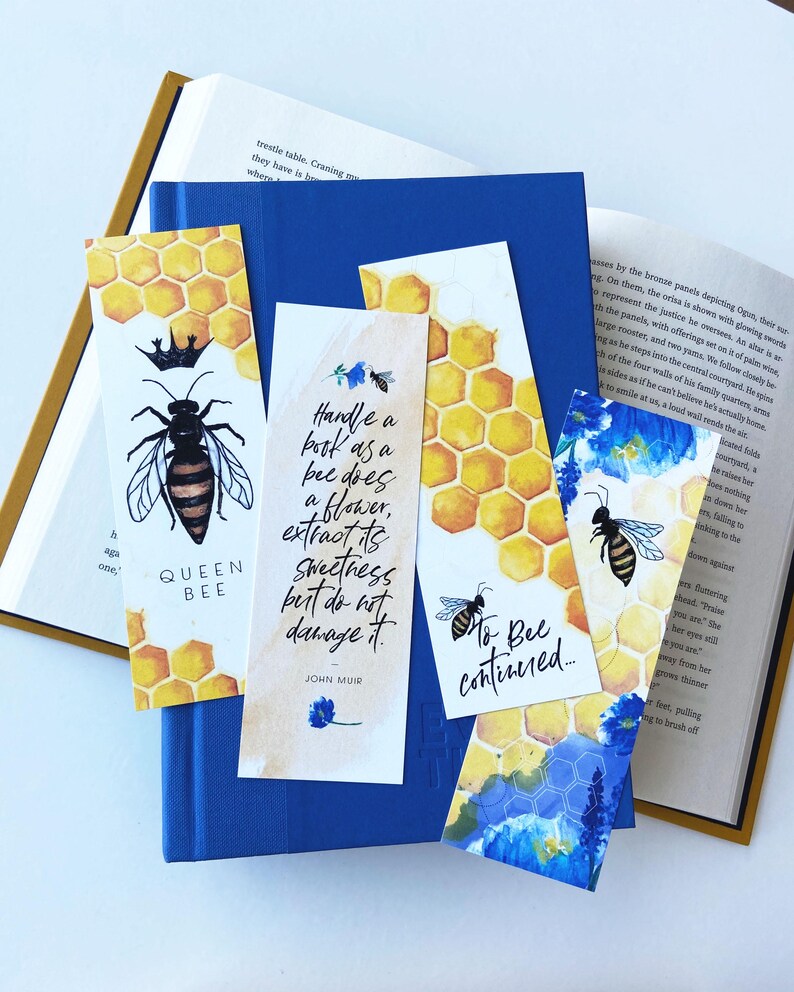 Honey Bee Bookmarks Set of Four, Honeycomb Book Mark, Watercolor ...