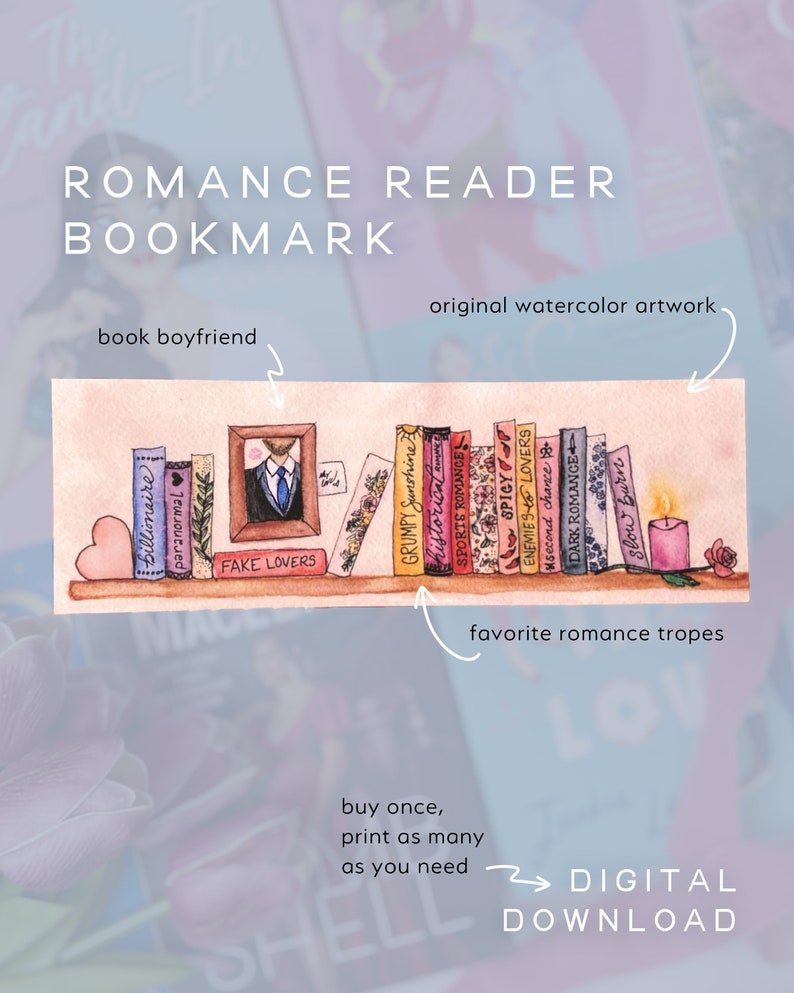 Romance Bookmark Printable, Romance Book Tropes, Romance Book Art, Romance Reader Gifts, Romance Book Merch, Bookshelf Bookmark image 3
