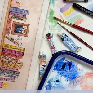 May include: A watercolor painting of a bookshelf with a stack of books with titles like "Billionaire", "Paranormal", "Fake Lovers", "Grumpy Sunshine", "Historical Romance", "Sports Romance", "Spicy", "Enemies to Lovers", "Second Chance", "Dark Romance", "Sweet", and "Low Burn". The painting is surrounded by watercolor paints and brushes.
