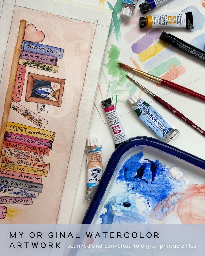 May include: A watercolor painting of a bookshelf with a stack of books with titles like "Billionaire", "Paranormal", "Fake Lovers", "Grumpy Sunshine", "Historical Romance", "Sports Romance", "Spicy", "Enemies to Lovers", "Second Chance", "Dark Romance", "Sweet", and "Low Burn". The painting is surrounded by watercolor paints and brushes.