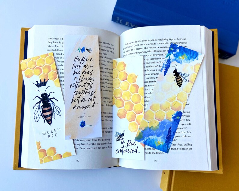 Honey Bee Bookmarks Set of Four, Honeycomb Book Mark, Watercolor ...