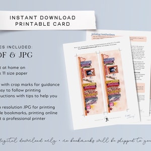 May include: Printable bookmark card featuring a bookshelf with books and a heart. The card is designed to be printed on 8.5 x 11 inch paper. The image includes instructions for printing and cutting the bookmark.