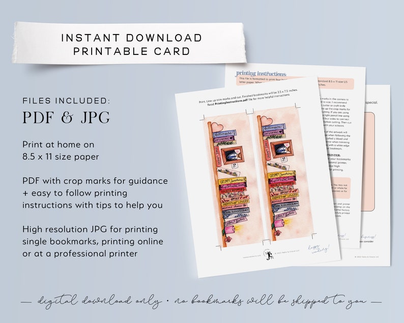 May include: Printable bookmark card featuring a bookshelf with books and a heart. The card is designed to be printed on 8.5 x 11 inch paper. The image includes instructions for printing and cutting the bookmark.