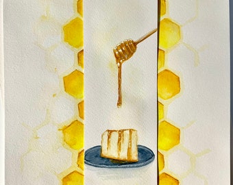 Honey Art Bookmark Watercolor Original, Original Watercolor Painting Bookmark, Watercolor Bookmark Handpainted, Kitchen Decor Watercolor Art
