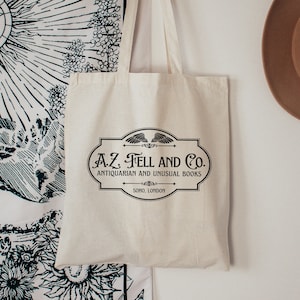 Good Omens A.Z. Fell and Co Antiquarian and Unusual Books Aziraphale Bookshop Tote Bag, Book Store Crowley Ineffable Husbands Fandom Gift