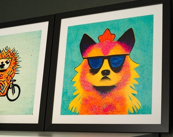 Female Pomeranian Dog Wearing Sunglasses and a Pink Bow Framed Print