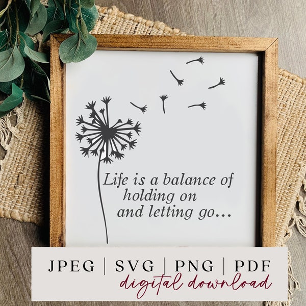 Life is a Balance of Holding On and Letting Go SVG - Letting Go - Life is a Balance - Inspirational Decor - Dandelion SVG