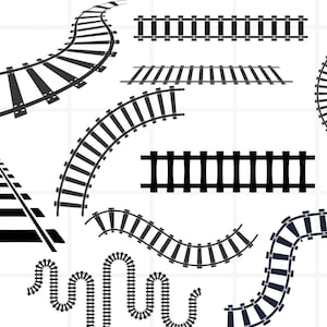 May include: A set of black and white railroad track designs. The tracks are in various shapes and sizes, including straight, curved, and angled.