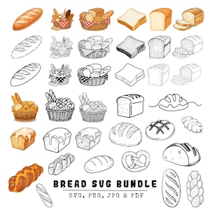 May include: A digital collection of bread illustrations featuring various loaves, sliced bread, and baskets in both full-color and black-and-white line art styles. The text BREAD SVG BUNDLE SVG, PNG, JPG & PDF is displayed at the bottom of the image.