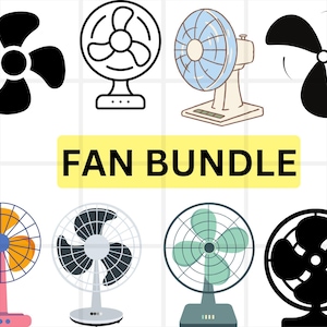 Puede incluir: Un conjunto de diez ilustraciones de ventiladores en varios estilos. Las ilustraciones incluyen dibujos de línea en blanco y negro, ilustraciones a color y diseños de silueta. Los ventiladores se representan en diferentes posiciones y ángulos, mostrando sus características únicas. El texto "FAN BUNDLE" se muestra en una pancarta amarilla.