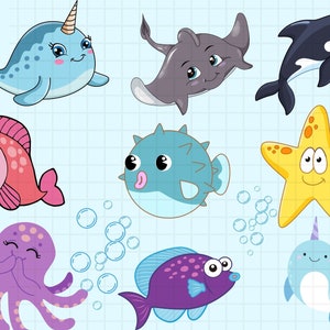 'Süsse Meerestiere SVG', ' Meerestiere PNG Clipart, Seestern' Wal' Oktopus' Hai, Fisch' Muschel, Schildkröte, Alge, Seepferdchen, Seegras