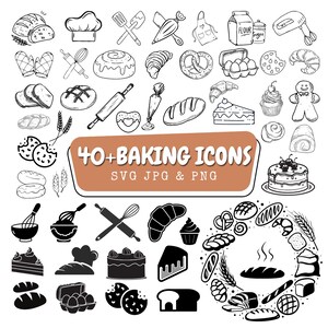 Pode incluir: Ilustração a preto e branco de mais de 40 ícones de pastelaria, incluindo pão, pastelaria e utensílios de cozinha. A imagem apresenta uma variedade de produtos de panificação, como croissants, biscoitos e bolos, juntamente com itens como rolos e batedores.