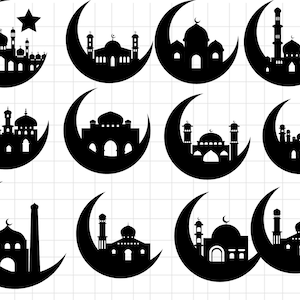 May include: A set of 10 black and white silhouette illustrations of mosques inside crescent moons. The mosques are stylized and feature minarets, domes, and arches.