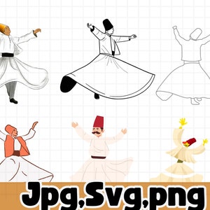 Può includere: Sei illustrazioni di dervisci rotanti, una forma di danza devozionale sufi. Le illustrazioni sono in varie pose e stili, alcune a colori e altre in bianco e nero.