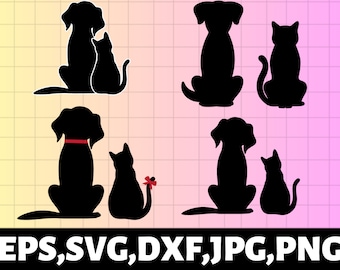 Cat And Dog Silhouettes Svg\ cat and Dog Svg\ Digital Download\ Dog And Cat Png Clipart\ Dog Cat Best Friendship Animal Silhouette Cut Files