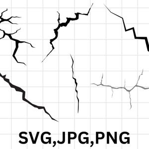 May include: Five black and grey crack patterns on a white grid background. The cracks are different shapes and sizes.