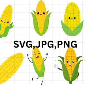 May include: Five cartoon corn on the cob characters with smiling faces. The corn is yellow and the husks are green. The text "SVG, JPG, PNG" is in the center of the image.