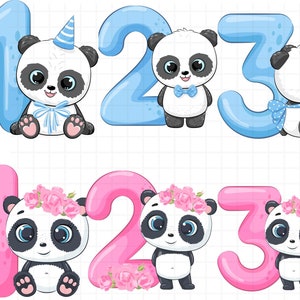 以下が含まれることがあります： 青とピンクの数字1、2、3と、パーティーハットと花冠をかぶったかわいいパンダ。パンダは数字を持っています。