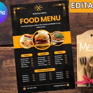 Plantilla de menú de restaurante\ Plantilla de menú de comida\ Menú de comida de restaurante editable\ Plantilla de menú personalizable\ Menú de comida de restaurante imprimible