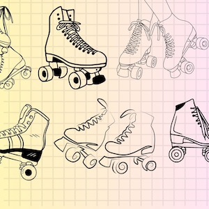 May include: A set of six black and white line drawings of roller skates. The skates have a boot with laces and four wheels. The drawings are on a grid background.