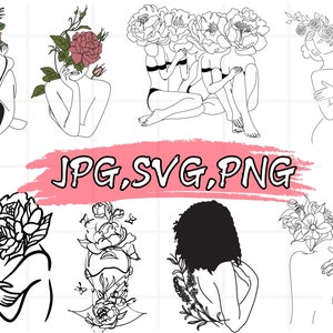 Femme florale svg\ floral corps svg\ femme avec fleurs svg\ floral femme clipart\ dessin au trait femmes\ bouquet floral svg\ fichier pour cricut