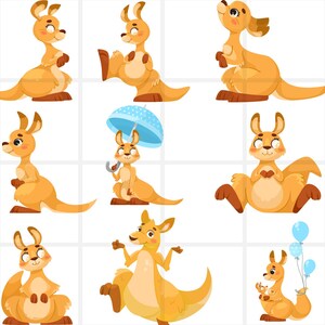 May include: Nine illustrations of a kangaroo in various poses. The kangaroo is orange with a white belly and black eyes. The kangaroo is shown standing, sitting, holding an umbrella, and holding a baby kangaroo.