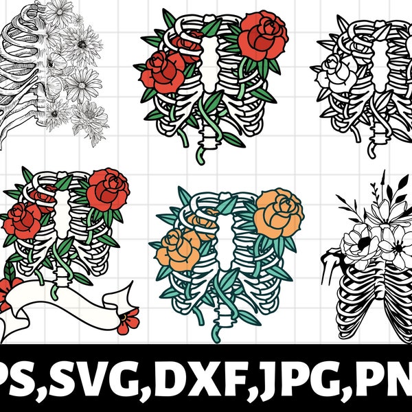 Floral Ribcage SVG\ Rib Cage SVG\ Skeleton SVG\ Gothic Shirt Vinyl Stencil Tattoo\ Cricut Cut File Clipart Vector Digital\ Dxf Png Eps Ai