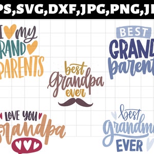 Puede incluir: Cinco diseños diferentes para un regalo del Día de los Abuelos. Los diseños incluyen "Amo a mis abuelos", "Los mejores abuelos", "El mejor abuelo de todos los tiempos", "Te quiero abuelo" y "La mejor abuela de todos los tiempos".