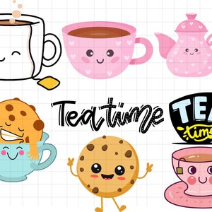 Clipart de l'heure du thé kawaii \ tasse à thé mignonne \ théière PNG \ téléchargements d'images numériques pour la fabrication de cartes scrapbooking \ journal indésirable papier artisanat