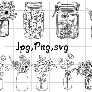 Paquete de tarro de albañil floral svg\ Tarro de albañil floral svg\ Tarro con paquete de flores silvestres svg\ flores de ramo svg\ Flores de tarro de masón svg\farmhouse svg